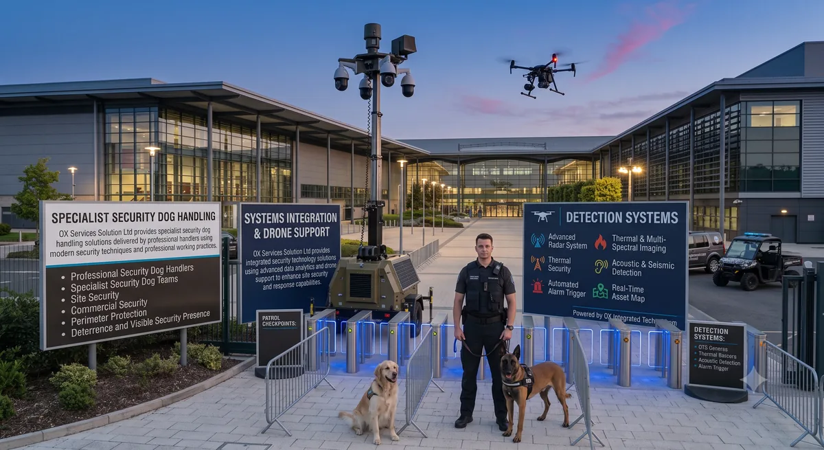 Security dog handler on patrol